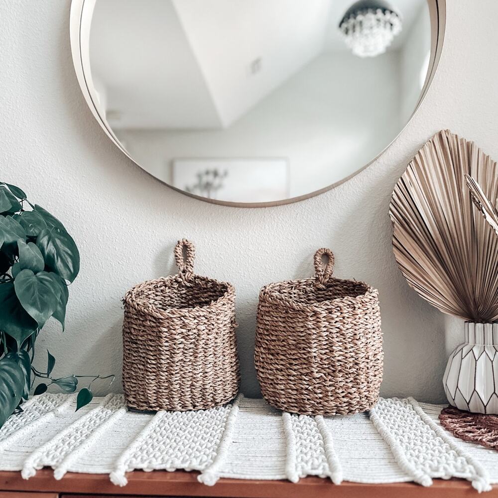 2 Magnolia Farmhouse Hanging jute woven seagrass boho wall baskets Joanna Gaines